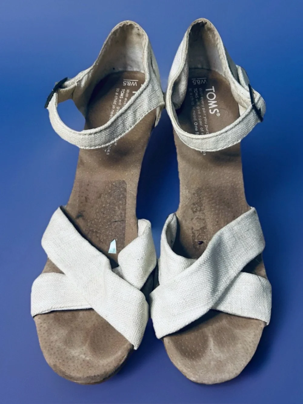 Toms Wedge BEIGE Cork Canvas Ankle Strap Buckle Sandal Sexy Neutral Core Sz 8.5